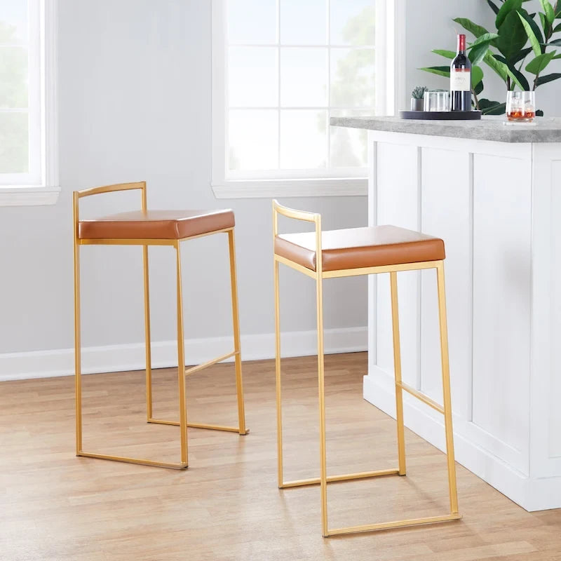 Stackable Bar Stool Set of 2, Gold Metal Frame with Padded Seat, 250 lbs Capacity, 34"H