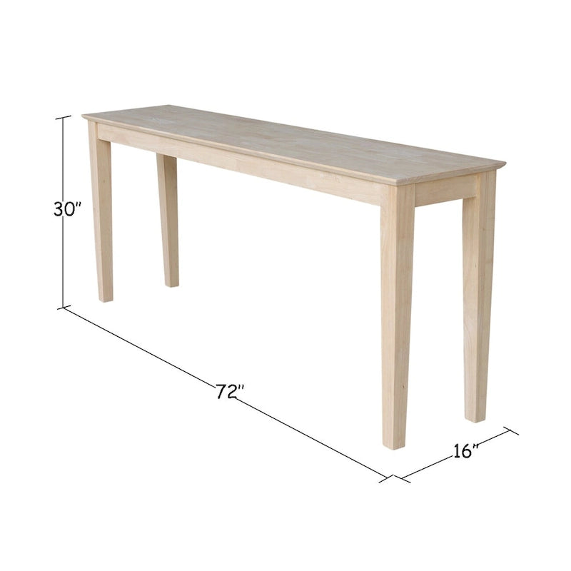 72" Shaker Console Table, Solid Parawood Butcher Block Surface, Unfinished, 72Wx16Dx30H