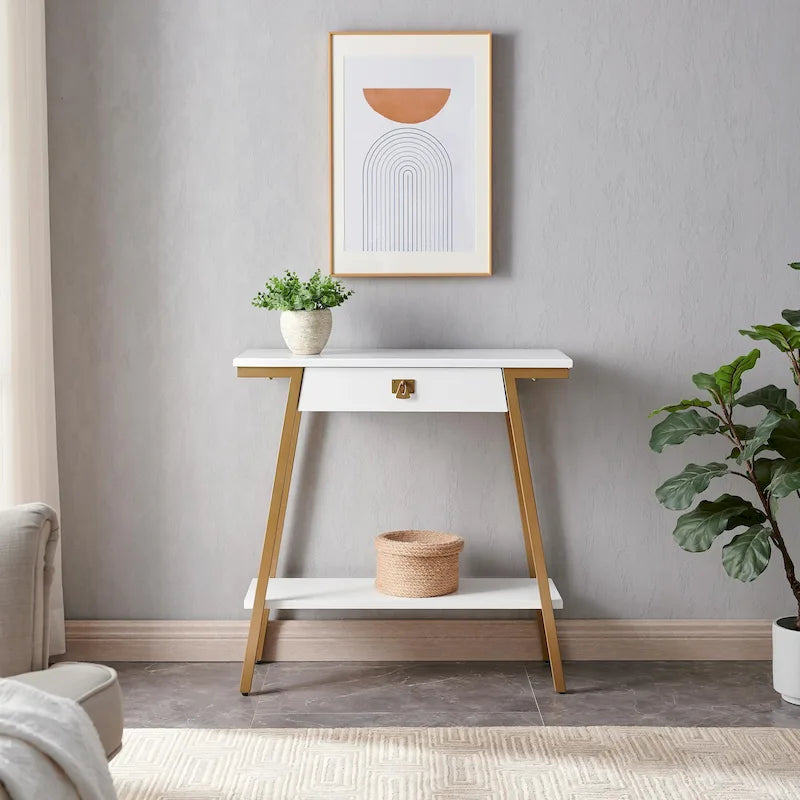 Wood Console Table with Drawer and Satin Gold Metal Frame, Mission Style Hall Table