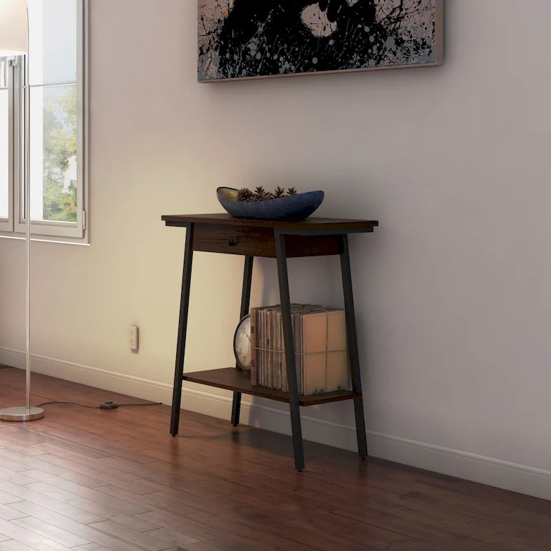 Wood Console Table with Drawer and Satin Gold Metal Frame, Mission Style Hall Table