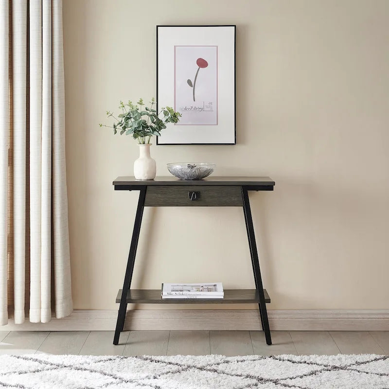 Wood Console Table with Drawer and Satin Gold Metal Frame, Mission Style Hall Table