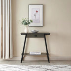 Wood Console Table with Drawer and Satin Gold Metal Frame, Mission Style Hall Table