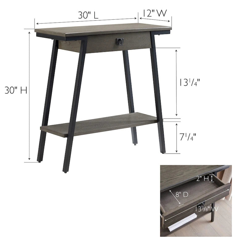 Wood Console Table with Drawer and Satin Gold Metal Frame, Mission Style Hall Table