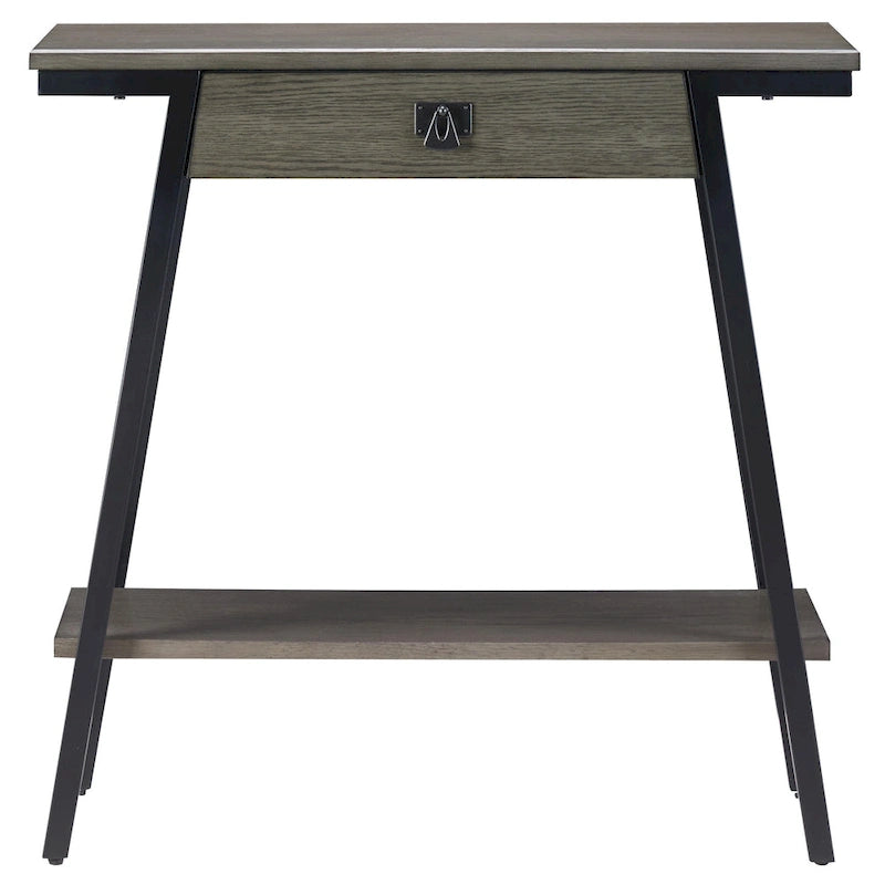 Wood Console Table with Drawer and Satin Gold Metal Frame, Mission Style Hall Table