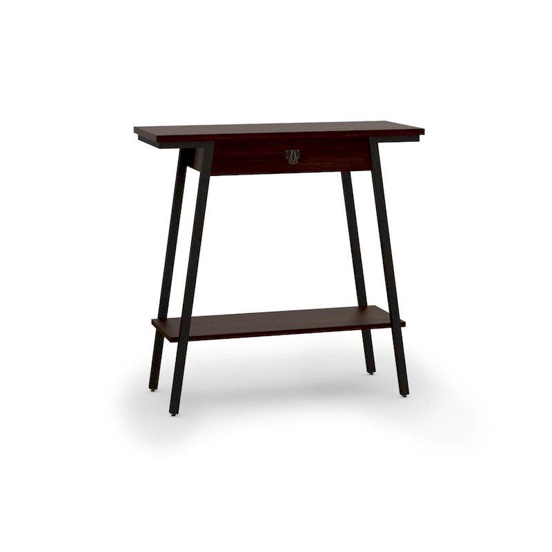 Wood Console Table with Drawer and Satin Gold Metal Frame, Mission Style Hall Table