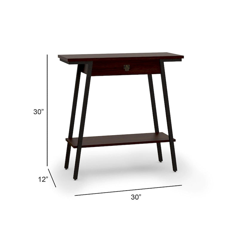 Wood Console Table with Drawer and Satin Gold Metal Frame, Mission Style Hall Table