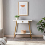 Wood Console Table with Drawer and Satin Gold Metal Frame, Mission Style Hall Table