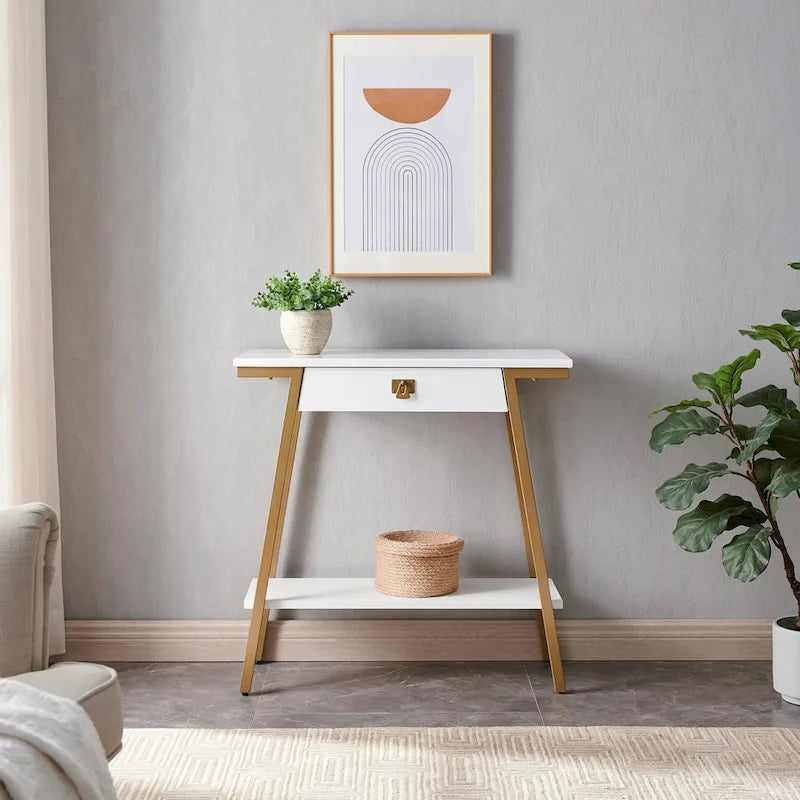 Wood Console Table with Drawer and Satin Gold Metal Frame, Mission Style Hall Table