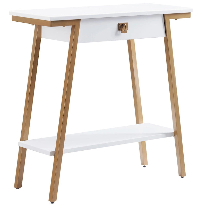 Wood Console Table with Drawer and Satin Gold Metal Frame, Mission Style Hall Table