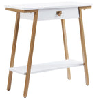 Wood Console Table with Drawer and Satin Gold Metal Frame, Mission Style Hall Table
