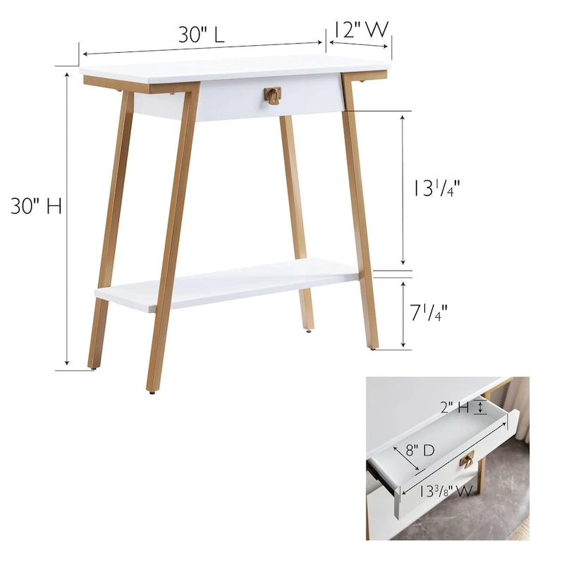 Wood Console Table with Drawer and Satin Gold Metal Frame, Mission Style Hall Table
