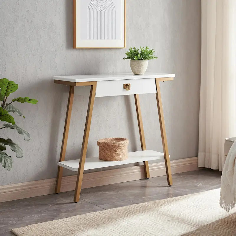 Wood Console Table with Drawer and Satin Gold Metal Frame, Mission Style Hall Table