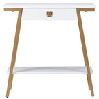 Wood Console Table with Drawer and Satin Gold Metal Frame, Mission Style Hall Table