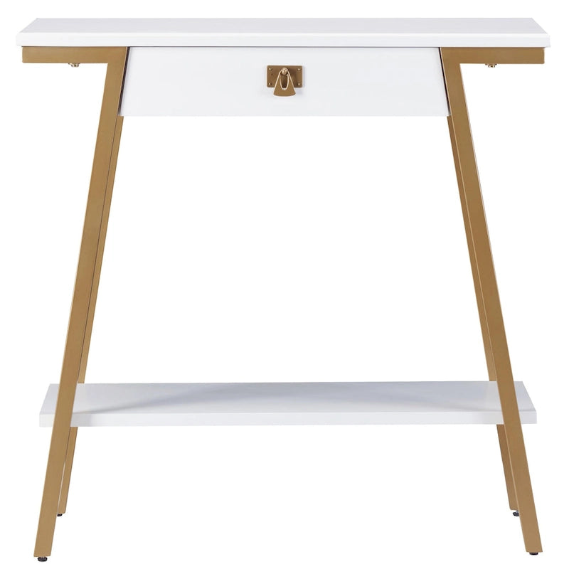 Wood Console Table with Drawer and Satin Gold Metal Frame, Mission Style Hall Table