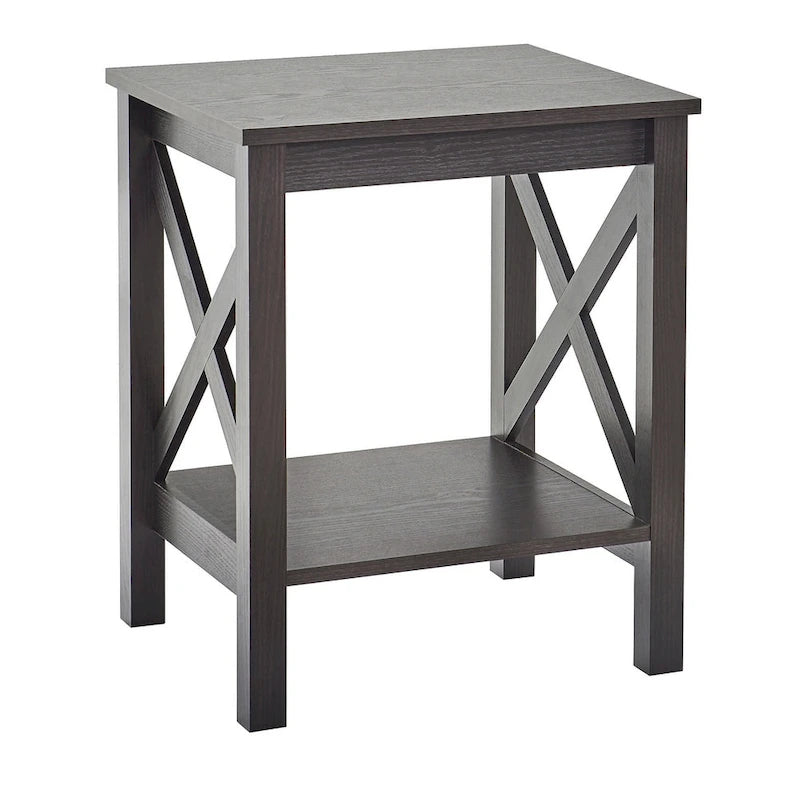X-Frame Two-Tier End Table with Bottom Shelf, Rustic Farmhouse Wood Accent Side Table