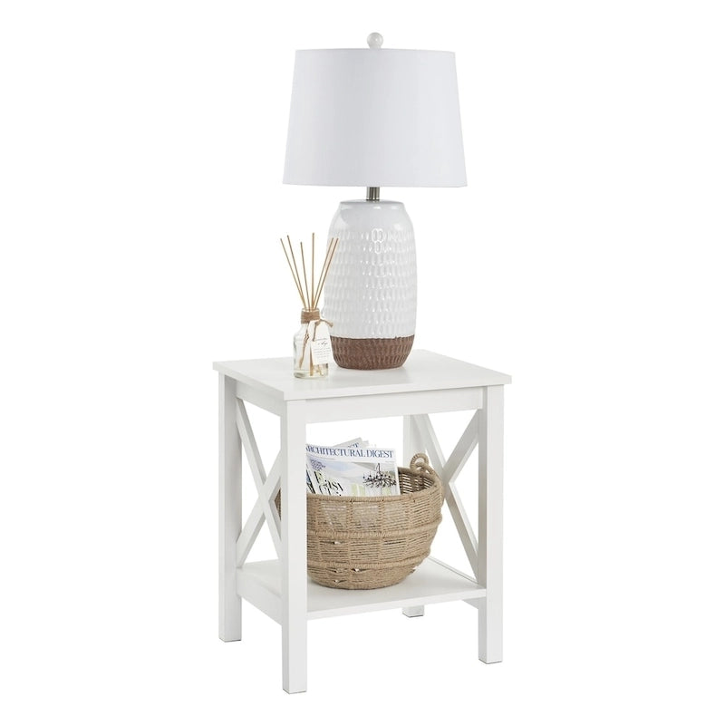 X-Frame Two-Tier End Table with Bottom Shelf, Rustic Farmhouse Wood Accent Side Table