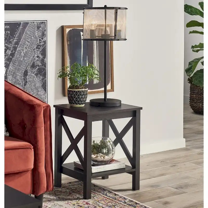 X-Frame Two-Tier End Table with Bottom Shelf, Rustic Farmhouse Wood Accent Side Table