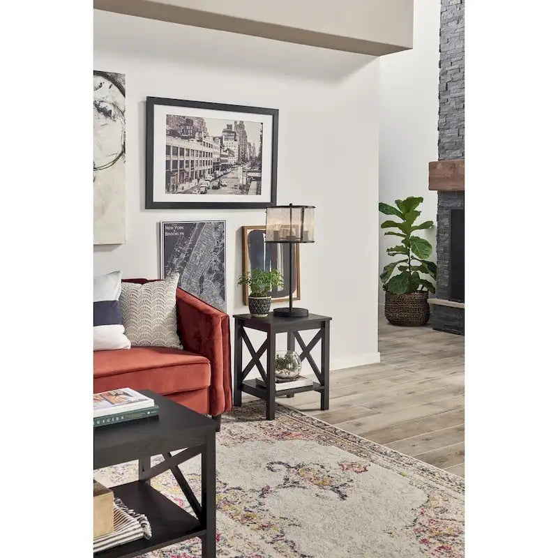 X-Frame Two-Tier End Table with Bottom Shelf, Rustic Farmhouse Wood Accent Side Table