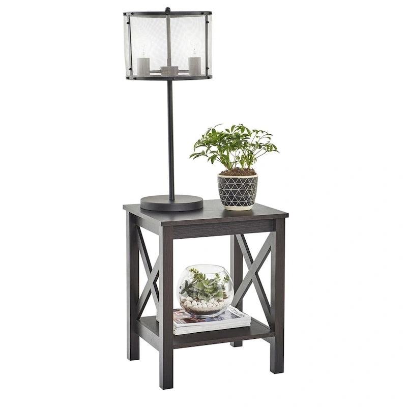 X-Frame Two-Tier End Table with Bottom Shelf, Rustic Farmhouse Wood Accent Side Table