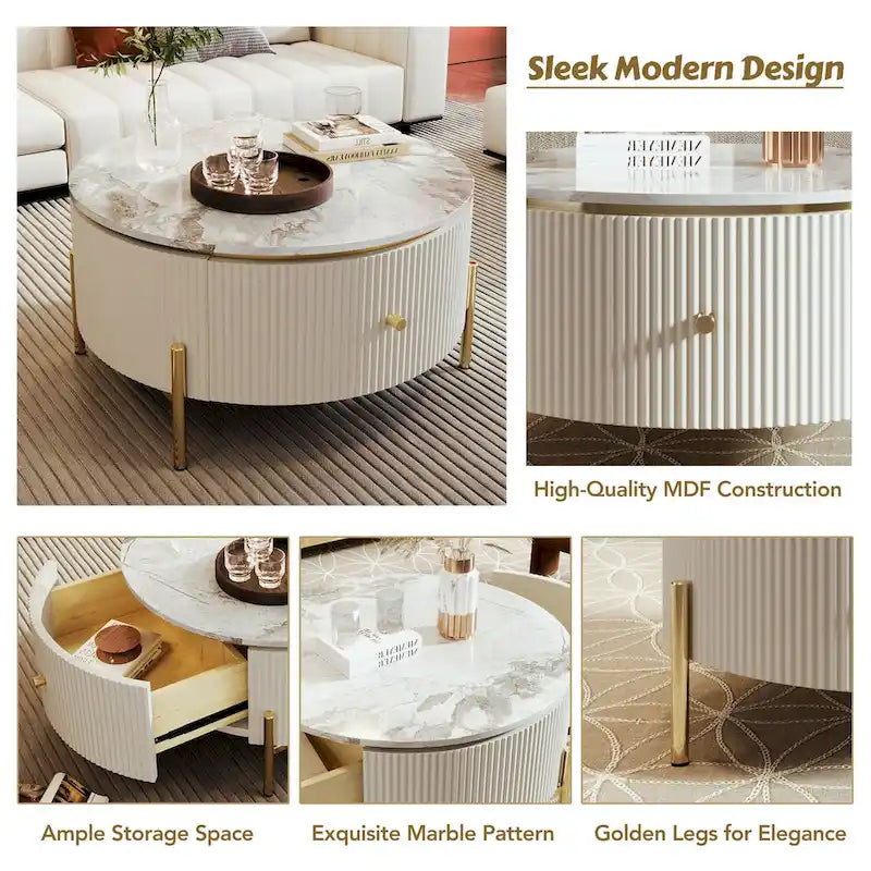 Modern Round Coffee Table with 2 large Drawers Storage