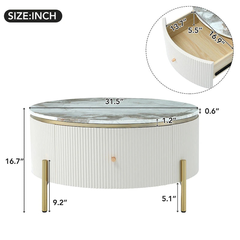 Modern Round Coffee Table with 2 large Drawers Storage