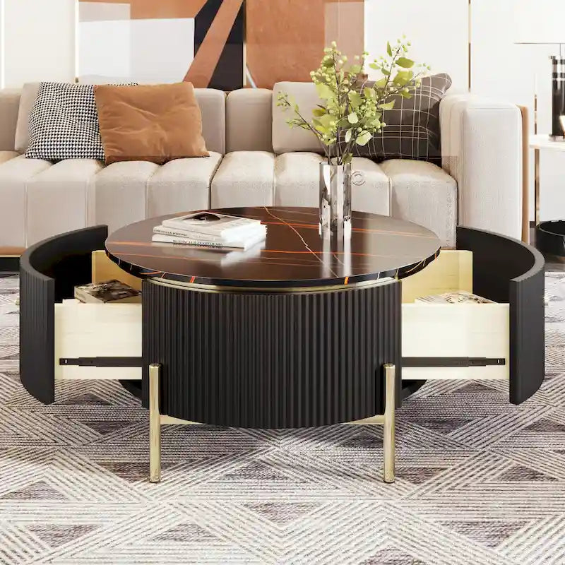 Modern Round Coffee Table with 2 large Drawers Storage