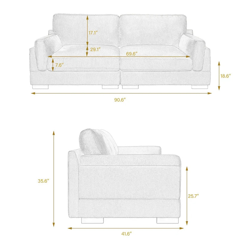 Modern 90 inch Corduroy Loveseat Deep Seat Sofa
