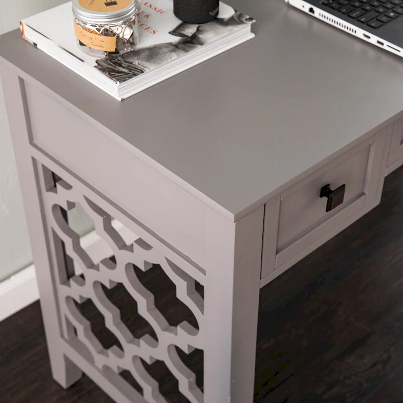 47" Writing Desk with 3 Storage Drawers, Quatrefoil Cutout Detail, Transitional Gray Finish