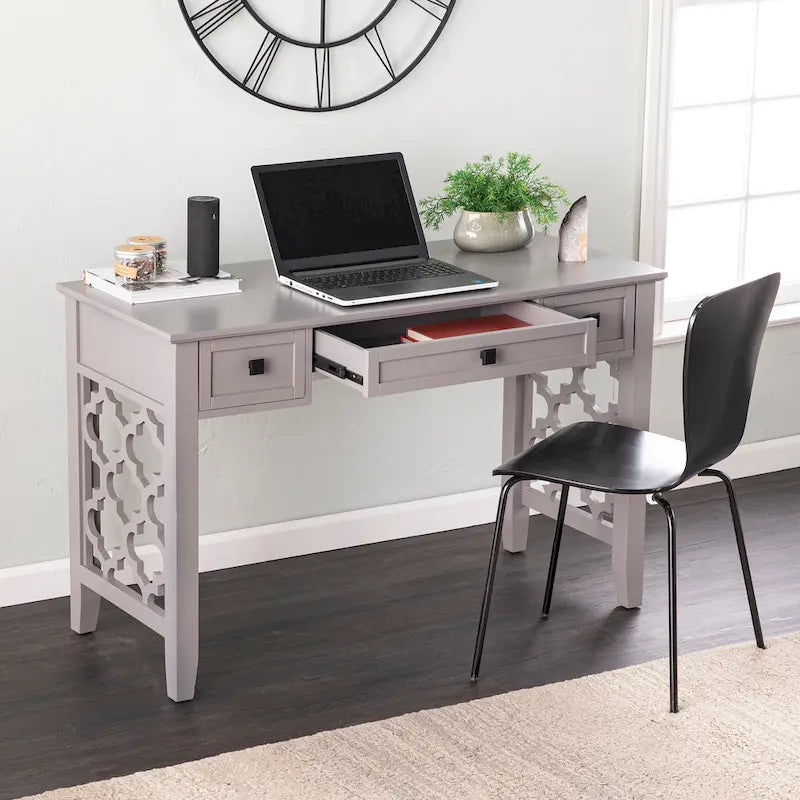 47" Writing Desk with 3 Storage Drawers, Quatrefoil Cutout Detail, Transitional Gray Finish