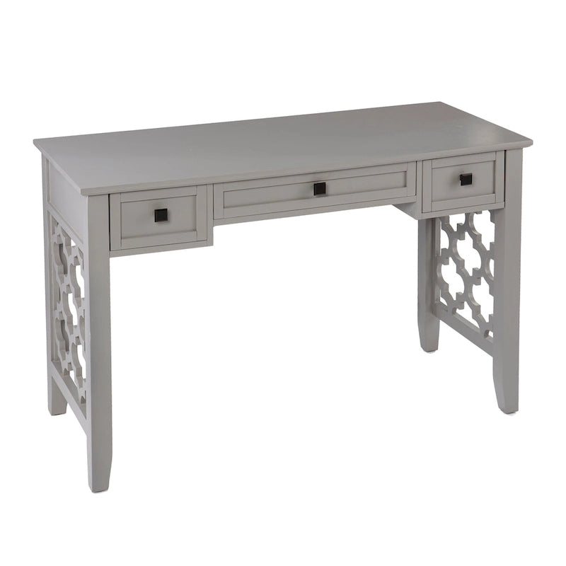 47" Writing Desk with 3 Storage Drawers, Quatrefoil Cutout Detail, Transitional Gray Finish