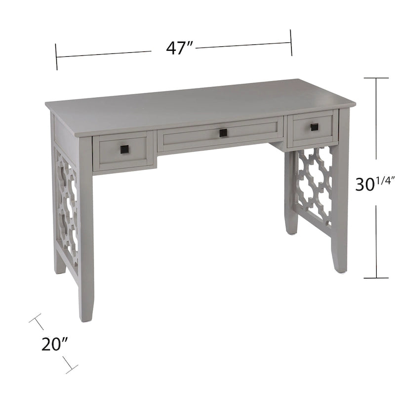 47" Writing Desk with 3 Storage Drawers, Quatrefoil Cutout Detail, Transitional Gray Finish