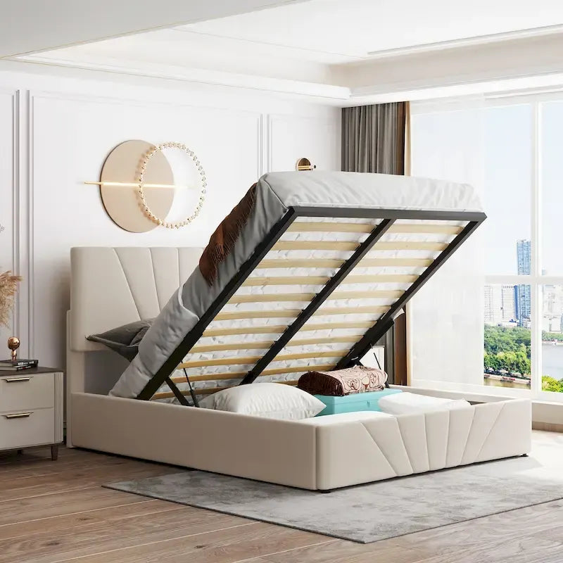 Upholstered Platform Bed with Hydraulic Under-Mattress Storage, Linen Fabric, 24 Wood Slats