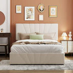Upholstered Platform Bed with Hydraulic Under-Mattress Storage, Linen Fabric, 24 Wood Slats