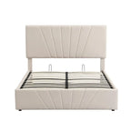 Upholstered Platform Bed with Hydraulic Under-Mattress Storage, Linen Fabric, 24 Wood Slats