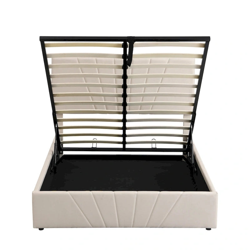 Upholstered Platform Bed with Hydraulic Under-Mattress Storage, Linen Fabric, 24 Wood Slats