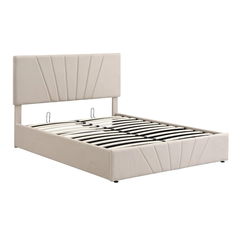 Upholstered Platform Bed with Hydraulic Under-Mattress Storage, Linen Fabric, 24 Wood Slats