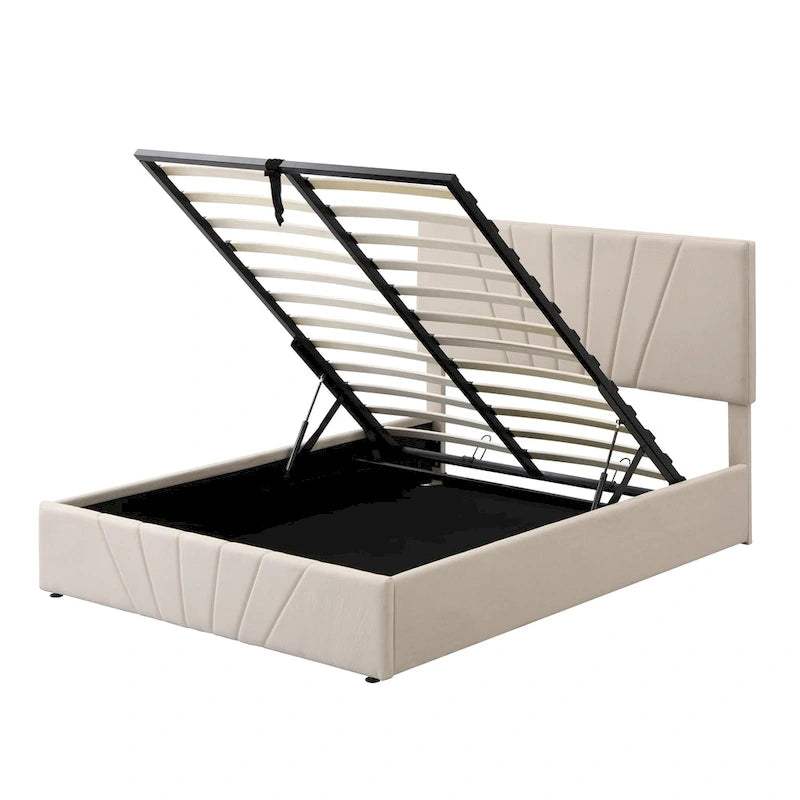 Upholstered Platform Bed with Hydraulic Under-Mattress Storage, Linen Fabric, 24 Wood Slats