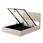 Upholstered Platform Bed with Hydraulic Under-Mattress Storage, Linen Fabric, 24 Wood Slats