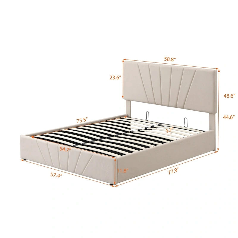 Upholstered Platform Bed with Hydraulic Under-Mattress Storage, Linen Fabric, 24 Wood Slats