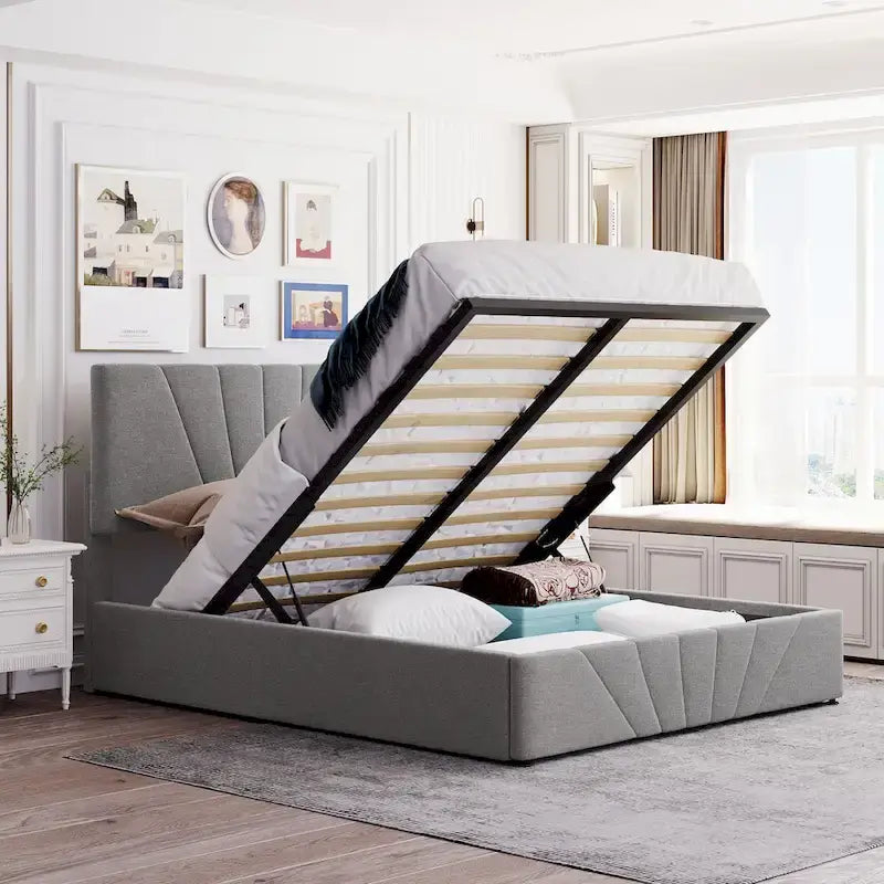 Upholstered Platform Bed with Hydraulic Under-Mattress Storage, Linen Fabric, 24 Wood Slats