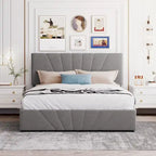 Upholstered Platform Bed with Hydraulic Under-Mattress Storage, Linen Fabric, 24 Wood Slats