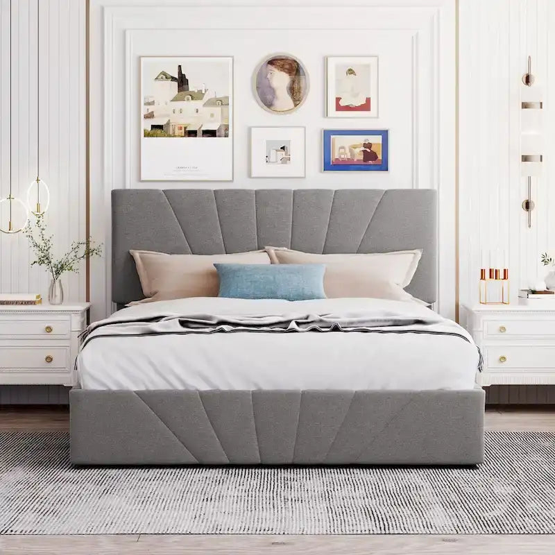 Upholstered Platform Bed with Hydraulic Under-Mattress Storage, Linen Fabric, 24 Wood Slats