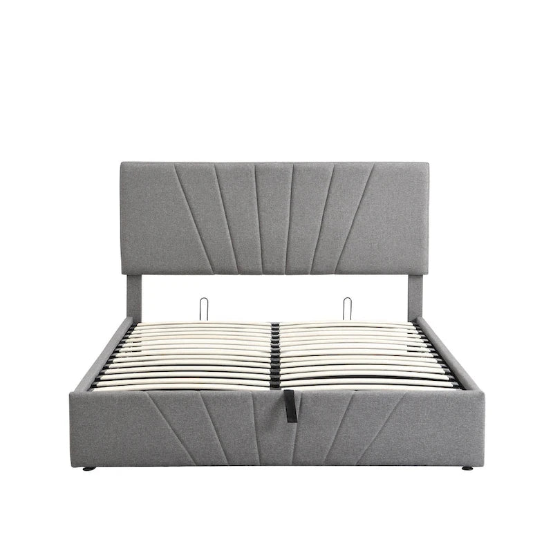 Upholstered Platform Bed with Hydraulic Under-Mattress Storage, Linen Fabric, 24 Wood Slats