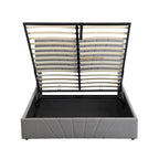 Upholstered Platform Bed with Hydraulic Under-Mattress Storage, Linen Fabric, 24 Wood Slats