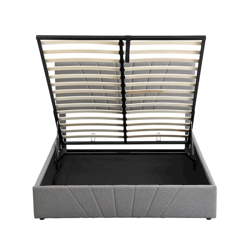 Upholstered Platform Bed with Hydraulic Under-Mattress Storage, Linen Fabric, 24 Wood Slats