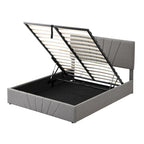 Upholstered Platform Bed with Hydraulic Under-Mattress Storage, Linen Fabric, 24 Wood Slats