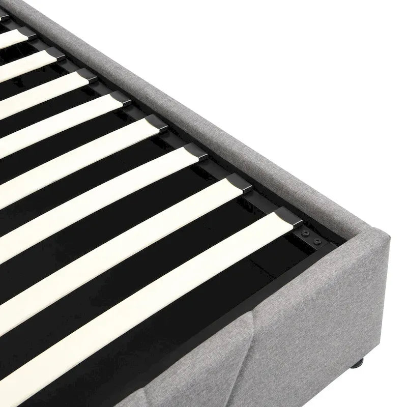 Upholstered Platform Bed with Hydraulic Under-Mattress Storage, Linen Fabric, 24 Wood Slats