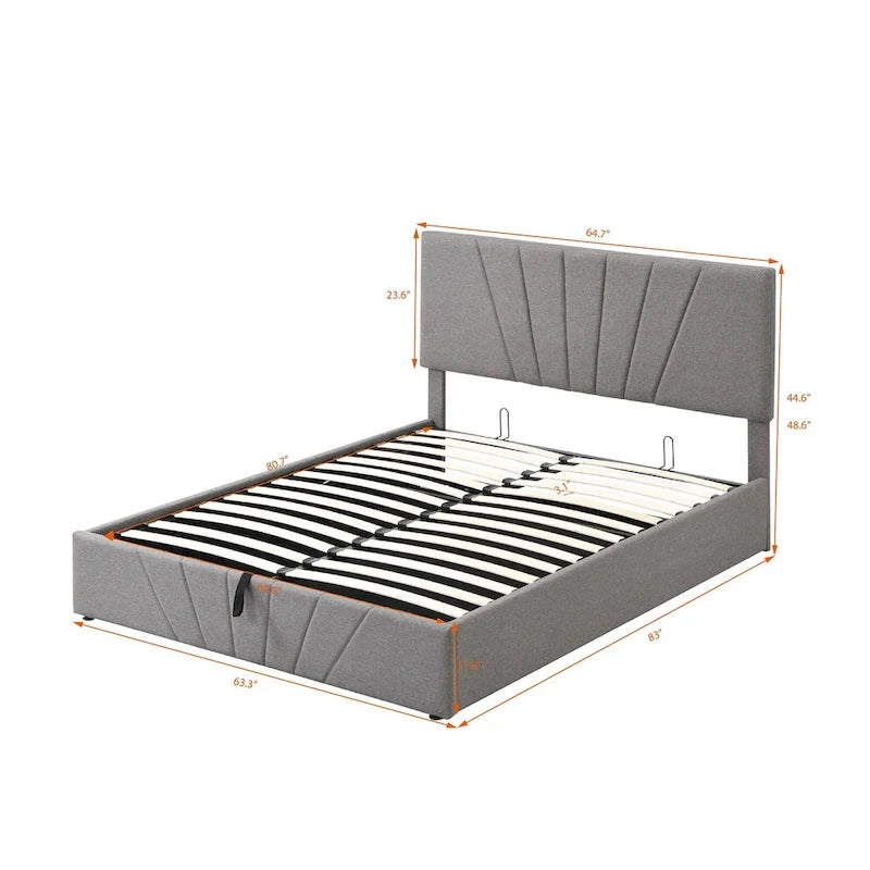 Upholstered Platform Bed with Hydraulic Under-Mattress Storage, Linen Fabric, 24 Wood Slats
