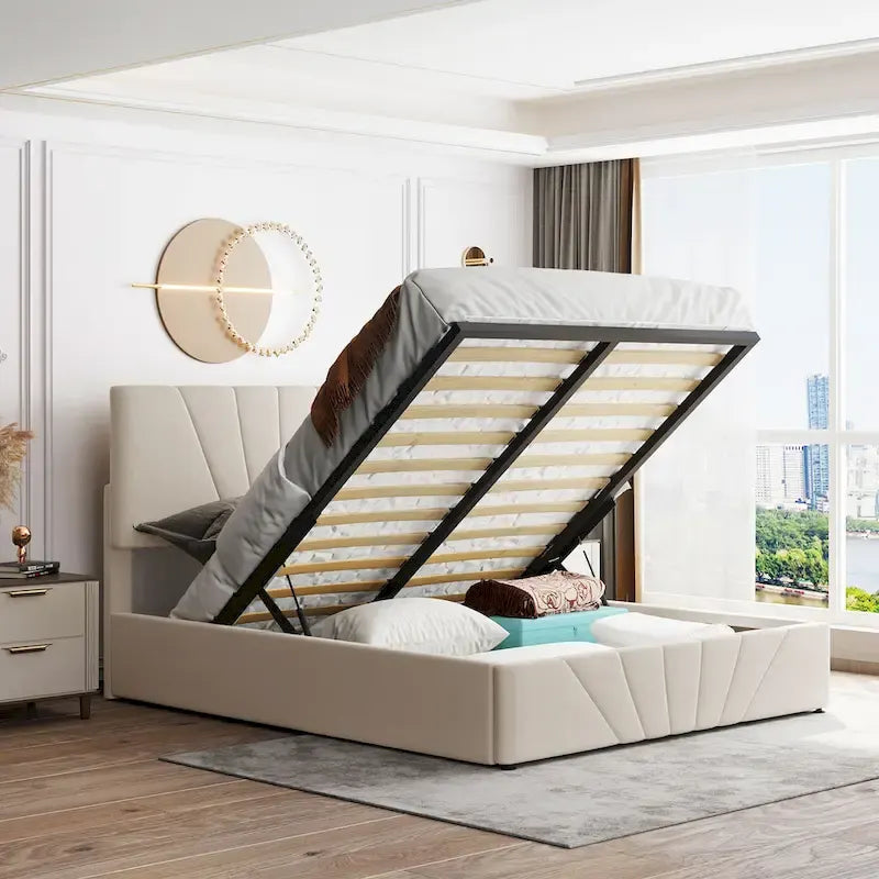 Upholstered Platform Bed with Hydraulic Under-Mattress Storage, Linen Fabric, 24 Wood Slats