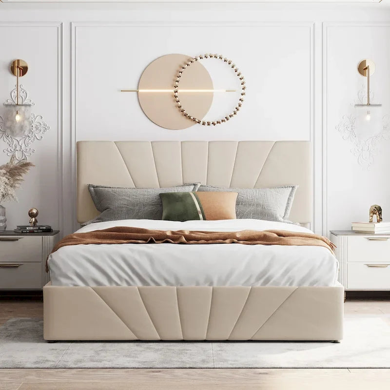 Upholstered Platform Bed with Hydraulic Under-Mattress Storage, Linen Fabric, 24 Wood Slats